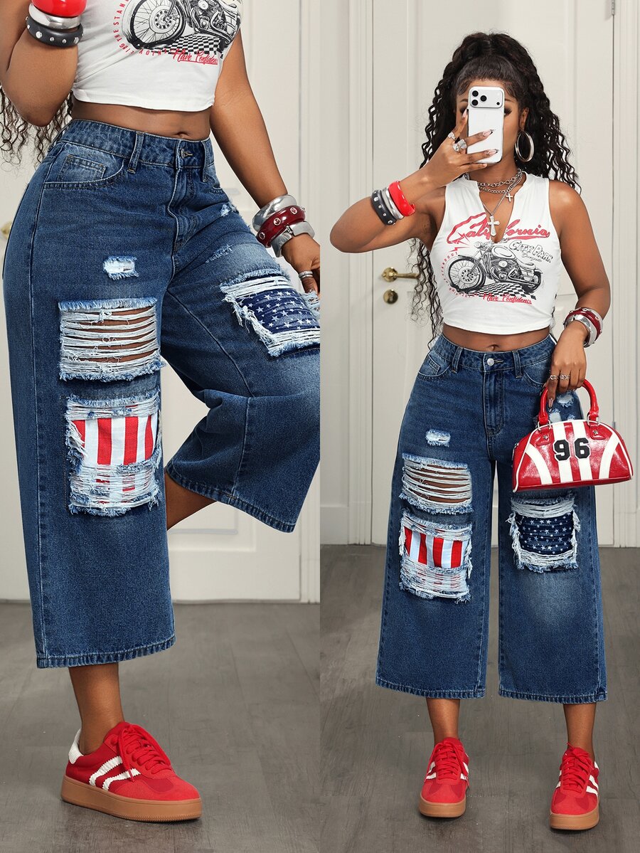 BamGleam Women's Sexy Button Pocket Distressed Loose Denim 7/8 Pants - Dark Wash - View 1