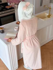 SweetSlumber Women's Colorblock Hooded Bow Long Plush Robe - Pink - View 2