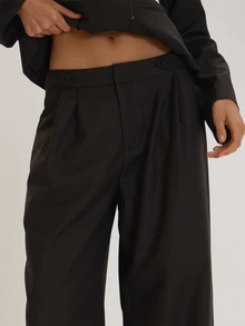 MUSEYN Black Woven Epaulette Detail Wide Leg Trousers Versatile Everyday Casual Fall - Black - View 5