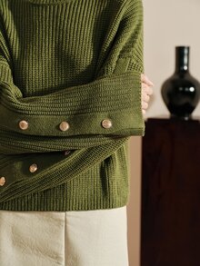 Arave Sweater Kasual Wanita Bahan Akrilik, Potongan Longgar, Lengan Samping, Desain Kancing - Hijau Tentara - View 7