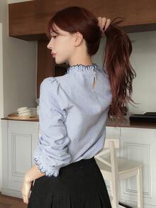 DAZY Striped Loose Pullover Long Sleeve Ruched Ruffle Casual Vacation Korean Style Spring Autumn Blouse For Women - Blue - View 7