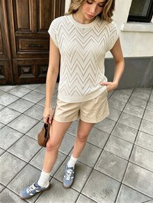 RosyDaze European & American Style Jacquard Hollow Knit Top Women Spring Summer Round Neck Cap Sleeve Pullover Thin Casual Daily Commute - Apricot - View 6