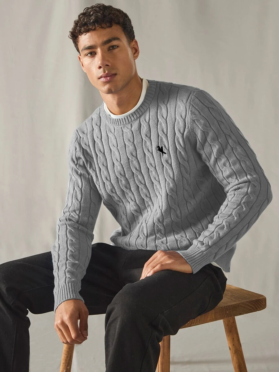 EASEVO Men Plus Size Embroidery Detail Cable Knit Sweater - Grey - View 1