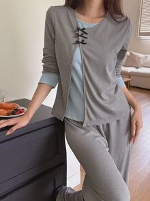DAZY Women's Bowknot Decor Contrast Color Top And Pants Pajama Set - Grey - View 4
