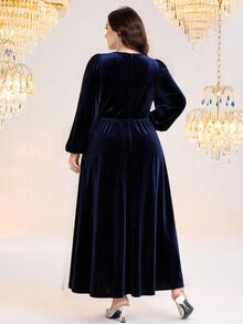 Seusyu Plus Size French Style Sequin Ruched Waist Long Sleeve Dress - Navy Blue - View 2