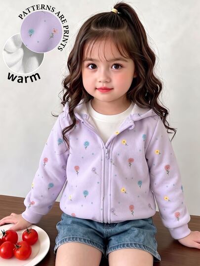 Baby Girls Clothes Floral Print Long Sleeve Zip Up Hoodie Jacket Fall Winter Cute Flower Graphic Sweatsuit Top Outerwear Coat Purple