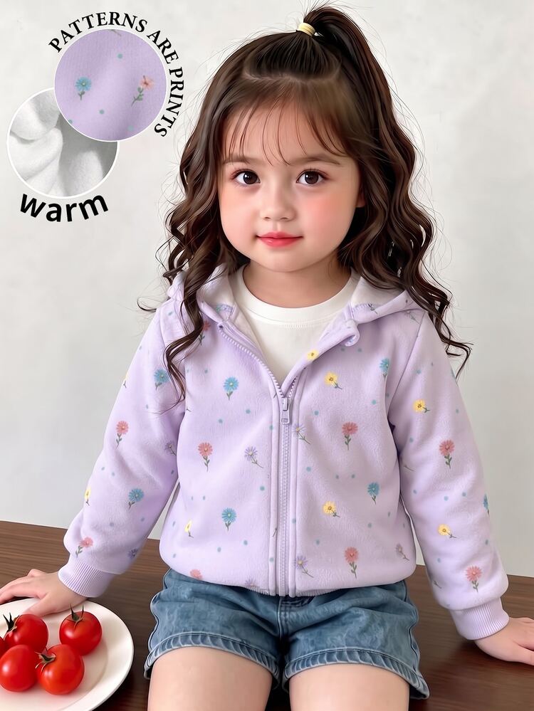 Baby Girls Clothes Floral Print Long Sleeve Zip Up Hoodie Jacket Fall Winter Cute Flower Graphic Sweatsuit Top Outerwear Coat Purple - Multicolor - View 1