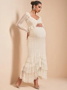 MaterniChic Vestido suave con volantes texturizados para maternidad - Albaricoque - Ver 7
