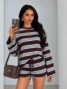 SHEIN Glamour Women's Casual Burgundy Striped Top And Drawstring Shorts Two Pieces Set Loungewear, Sportswear Two Pieces Set - Coffee Brown - View 3