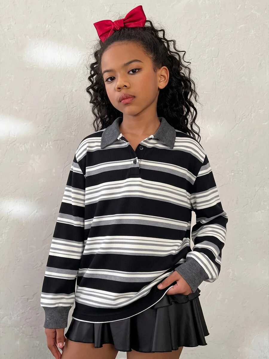 Tween Girls Casual Striped Kids Polo Collar Long Sleeve T-Shirt, Fall/Winter - Grey - View 1