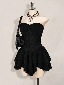 SHEIN ICON Women's Solid Color Pleated Casual Daily Summer Strapless Mini Dress - Black - View 6