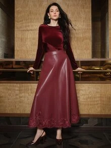 Anewsta Women's Elegant Patchwork Velvet Blouse Autumn New Arrival - Burgundy - View 6