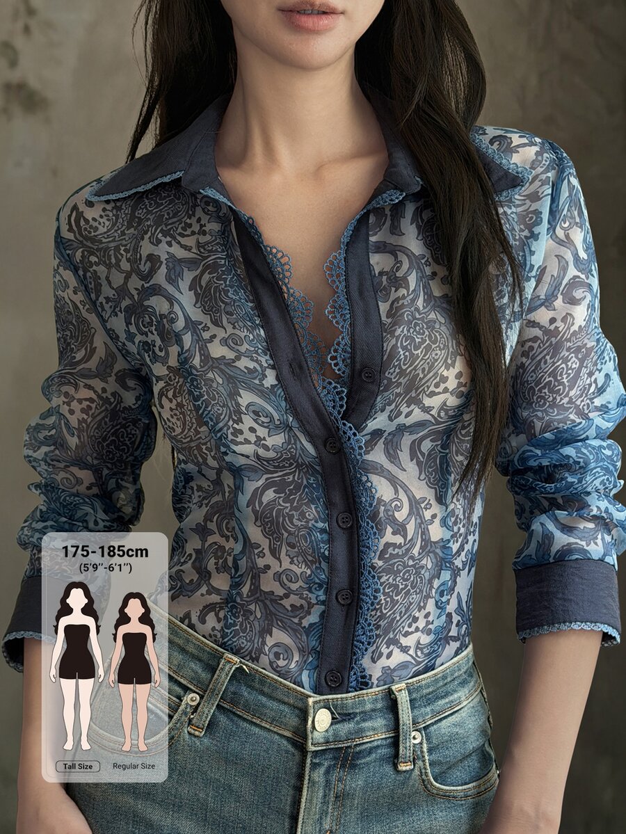 Livesso Tall Women's Floral Print Lace Patchwork Fitted Shirt With Turn Collar And Cinching Waist - Blue - View 1