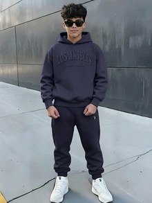 SHEIN 青少年男孩拼色寬鬆長袖連帽衫套裝，冬季，街頭風，畢業季，開學季 - 藏蓝色 - 查看 1