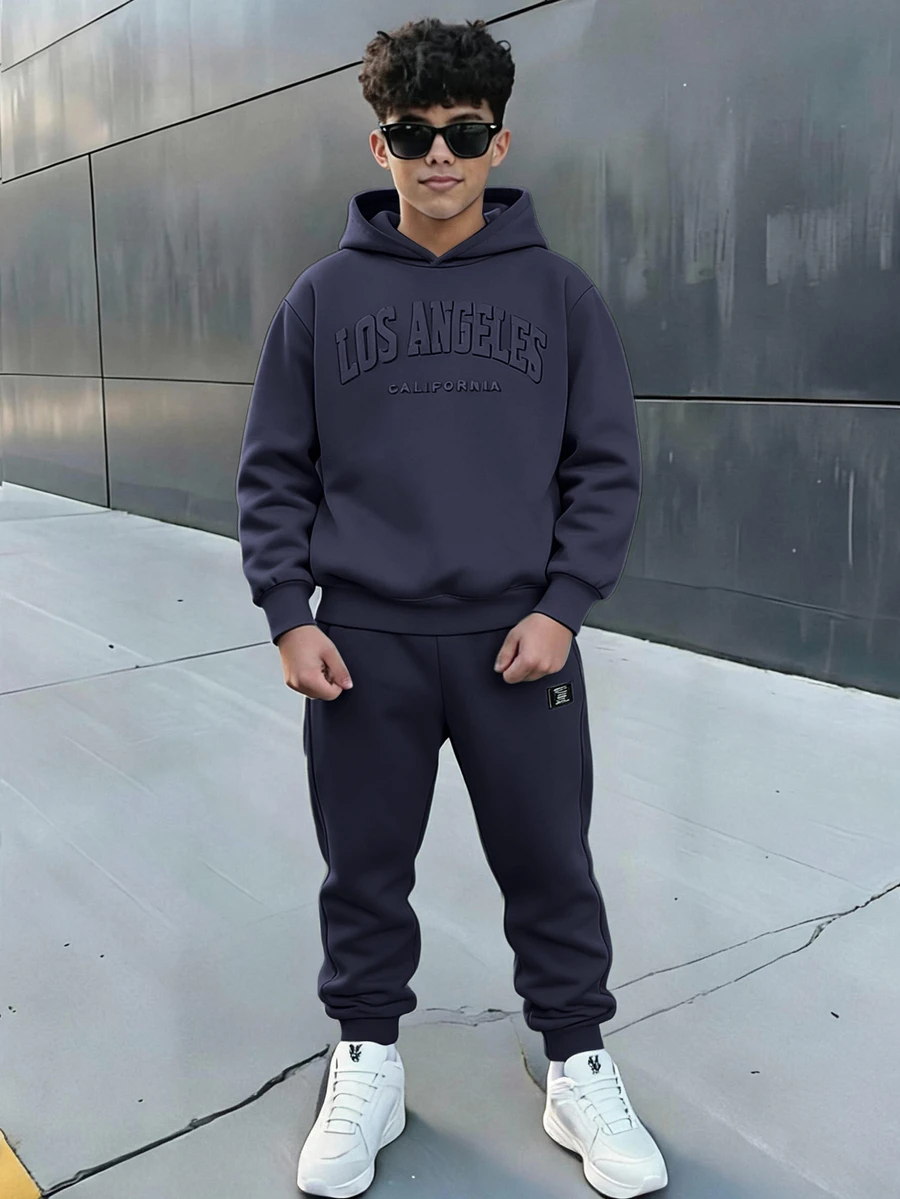 SHEIN 青少年男孩拼色寬鬆長袖連帽衫套裝,冬季,街頭風,畢業季,開學季 - 藏蓝色 - 查看 1