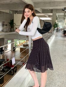 Dazy Tall Rok Wanita Motif Polkadot Seluruh Permukaan Gaya Korea, Serbaguna untuk Musim Semi dan Musim Panas - Coffee Brown - View 3