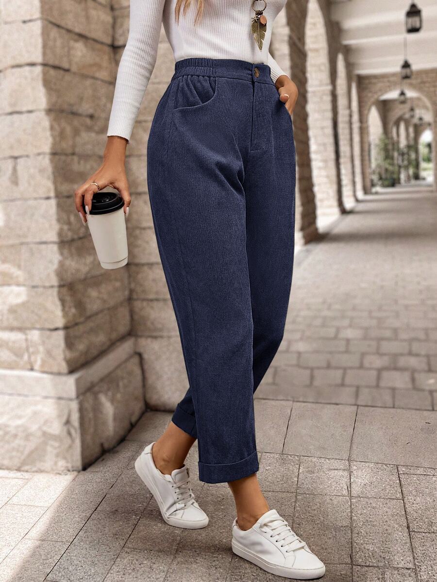 EMERY ROSE Women's Solid Color Pocket Casual Daily Wear Long Pants Everyday Work Navy Blue Autumn - Navy Blue - View 1