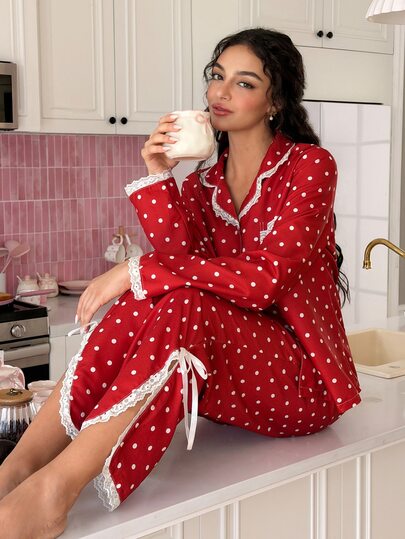 SweetSlumber Women's Polka Dot Print Contrast Lace Long Sleeve Single-Breasted Top And Pants Pajama Set