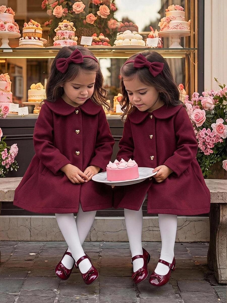 SHEIN معطف خارجي لطيف متعدد الاستخدامات بياقة بيتر بان باللون الأحمر لفصل الخريف/الشتاء للبنات الصغيرات - عنابي اللون - مشاهدة 1