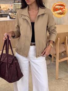 SHEIN BASICS Women's Street Fashion Casual Button Pocket Long Sleeve Jacket Everyday Travel Khaki Autumn Fall/Winter Winter Warmth - Khaki - View 2