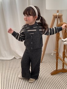 DAZY Infant Girl Round Neck 2 In 1 Korean Style Striped Long Sleeve Sweater Set - Grey - View 4