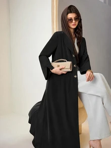 Al Najma Women's Solid Color Long Sleeve Single-Breasted Loose Fit Abaya - Black - View 4