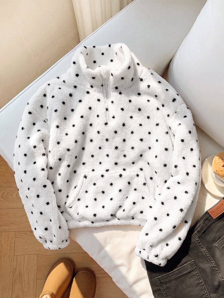 SHEIN 兒童青少年女孩針織蝴蝶結毛絨立領半拉鍊拼接寬鬆休閒長袖秋冬衛衣 - 白色 - 查看 1