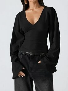 LYSMO Autumn/Winter New 95% Cotton Flare Sleeve Women's Blouse Black Solid Color - Black - View 5