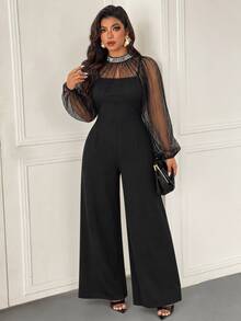 Femmeverse Women Plus Size Elegant Party Tulle Sequin Trim Shawl Strapless Two Pieces Wide Leg Jumpsuit - Black - View 4