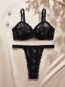 Charlaine Plus Size Lace Sheer Sexy Bra And Panty Set - Black - View 5