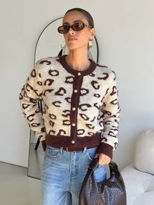 SHEIN Clasi 女款拼色休閒百搭日常外出開襟衫 - 摩卡棕 - 查看 6