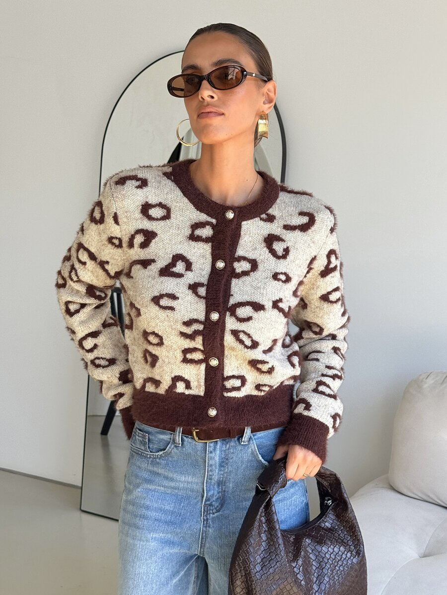SHEIN Clasi Women's Colorblock Casual Versatile Daily Outing Cardigan - Mocha Brown - View 1