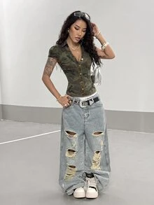 Jeanoix Women's Camouflage Single-Breasted Casual Daily Denim Jacket - Multicolor - View 6