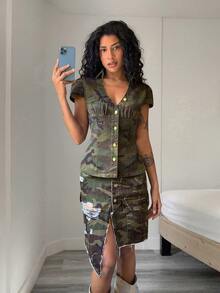 Jeanoix Women's Camouflage Single-Breasted Casual Daily Denim Jacket - Multicolor - View 7