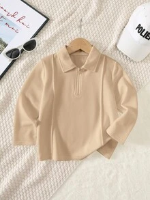 SHEIN 兒童小男孩休閒寬鬆百搭舒適素色針織長袖 Polo 衫 - 卡其色 - 查看 6