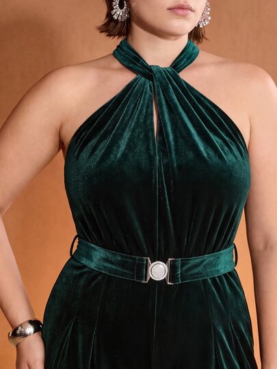 MOTF PREMIUM PLUS SIZE WOMEN ELEGANT AUTUMN/WINTER PARTY VELVET HALTER NECK WIDE LEG JUMPSUIT