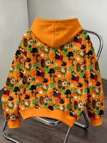 LOONEY TUNES X SHEIN Daypath Men's Halloween Letter Cartoon Print Long Sleeve Hoodie - Orange - View 2