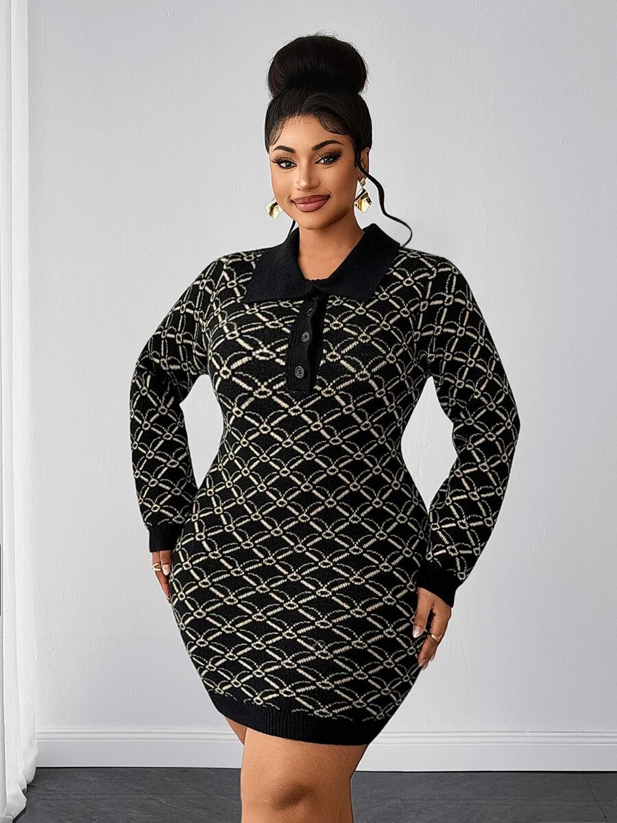 Maweii Women Elegant, Retro,Sexy, Floral Patterns,Mini Knitted Dress,Fitted Cut,Autumn/Winter, Halloween,Christmas,Plus Size Women's Sweater Dress - Multicolor - View 1
