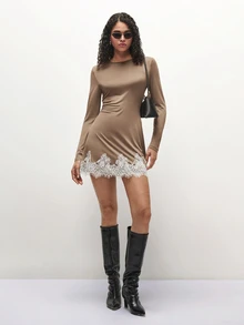 TRNVIE Vestido mini de encaje en contraste - Caqui - Ver 7