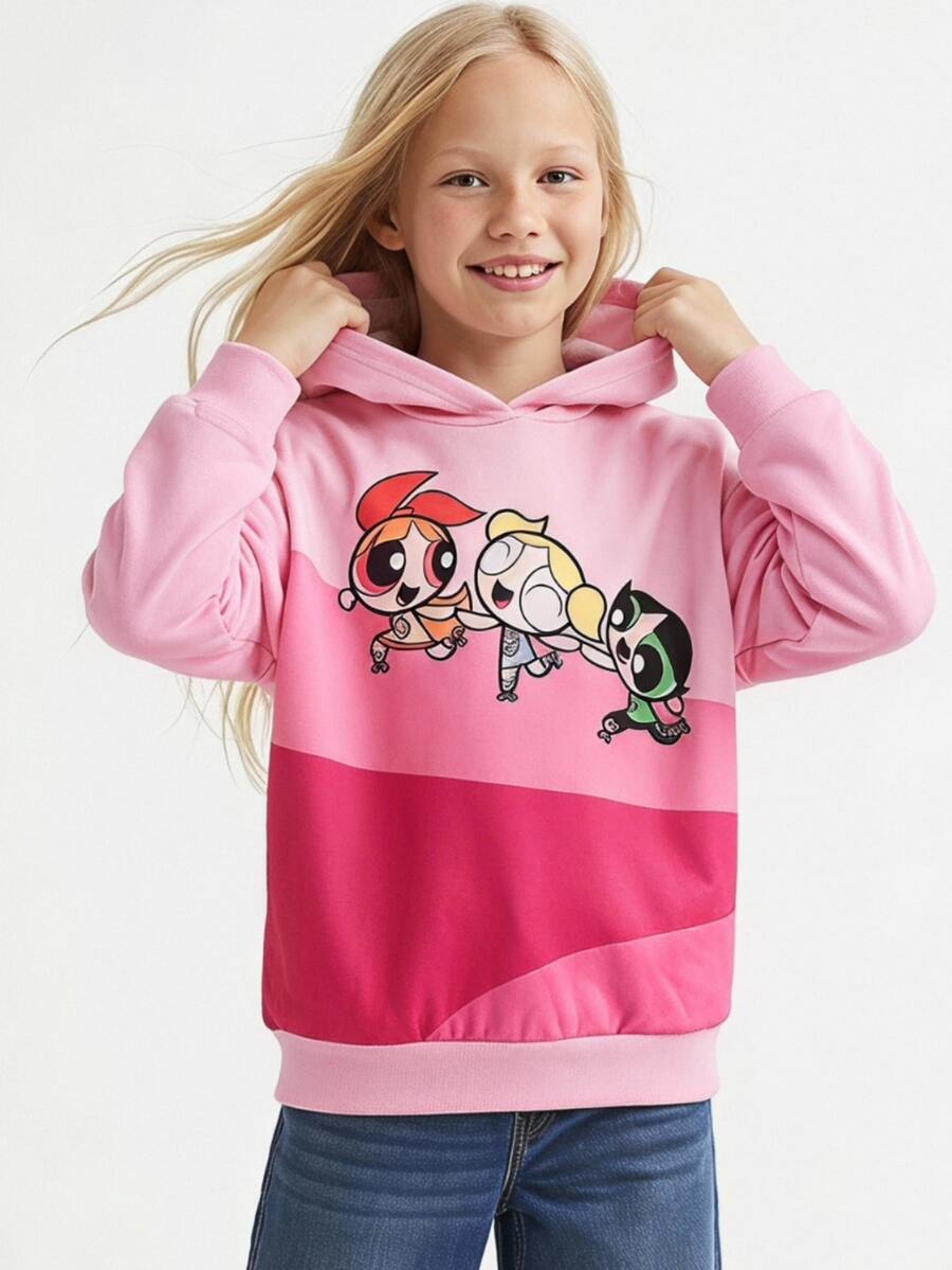 THE POWERPUFF GIRLS X SHEIN 青少年女孩卡通印花長袖休閒衛衣 - 粉色 - 查看 1