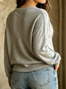 Nubod Plus Size Women Autumn/Winter V-Neck Mesh Patchwork Drop Shoulder Sleeve Casual Everyday Sweatshirt - Grey - View 2