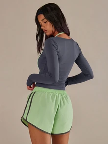 Athîral Women's Slim Fit Charcoal Grey Top,Stretch Knit,Layered Halter Neck,Contrast Piping,Colorblock,Autumn,Sporty Chic,Gym Running Daily,Two Piece Sets - Dark Grey - View 2