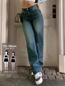 SHEIN Tall 極簡 Ins 風格 仿舊水洗 日常百搭 高腰修身牛仔褲 - 中等水洗藍 - 查看 1