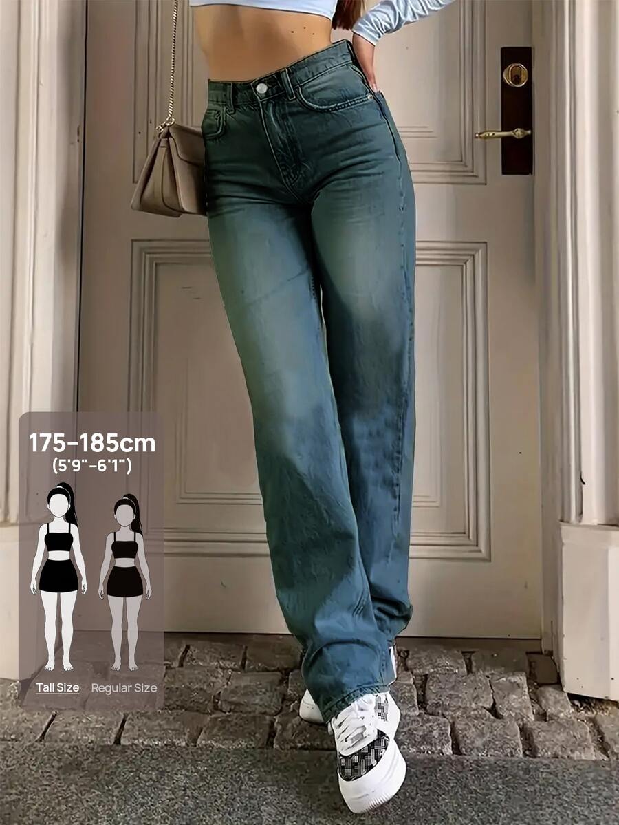 SHEIN Tall 極簡 Ins 風格 仿舊水洗 日常百搭 高腰修身牛仔褲 - 中等水洗藍 - 查看 1