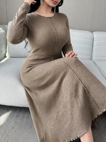 Feyla Plus Size Minimalist Pleated Frill Trim Fashion Versatile Dress - Khaki - View 5