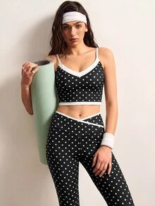VARSIVA Women's Polka Dot Print Camisole Top And Criss-Cross Waist Contrast Color Long Pants Sports Set - Black and White - View 6