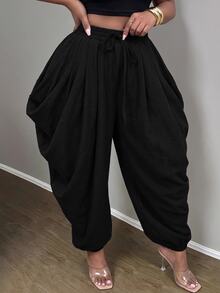 Slaydiva Plus Size Women's Pants, Olive Drawstring Side Draped Cuffed Harem Trousers Fall - Black - View 8