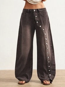 Bohemela Celana Jeans Denim Saku Kancing Desain Fashion Wanita - Coklat - View 5