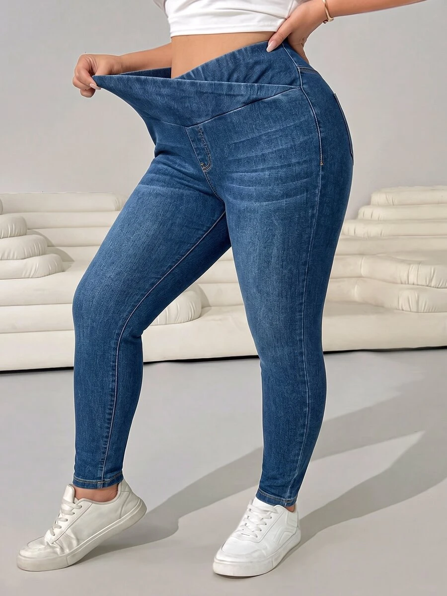 SHEIN MOD Plus Size Women's Asymmetrical Waist Casual Daily Wear Denim Jeans - Dark Wash - View 1