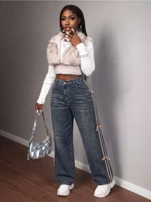SHEIN MOD Plus Size Women's Bow Decor Pocket Button Casual Everyday Denim Jeans - Dark Wash - View 3